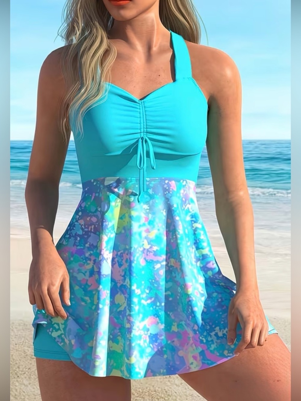 Fashion Tie-Dye
Printed Ladies Tankini Set Turquoise Swim Suit Dress NWOT